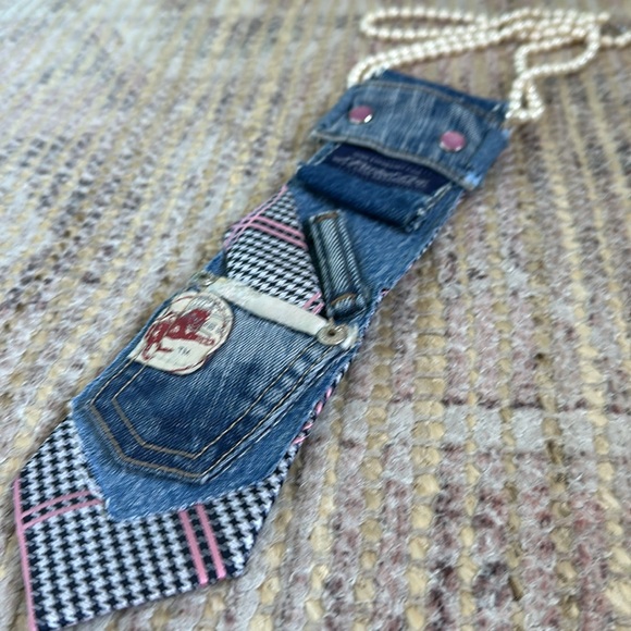 Upcycled Ladies Necktie silk Necktie Necklace - DENIM/PINK - Picture 2 of 6